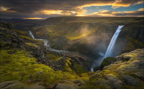 panorama, cascata, Pôr do sol, mar, lago, agua