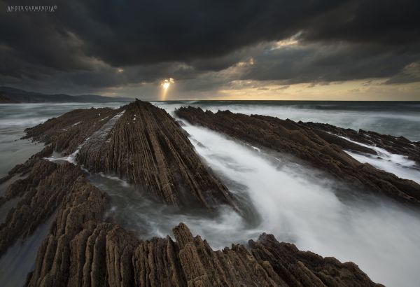 luz solar, panorama, Pôr do sol, mar, agua, Rocha