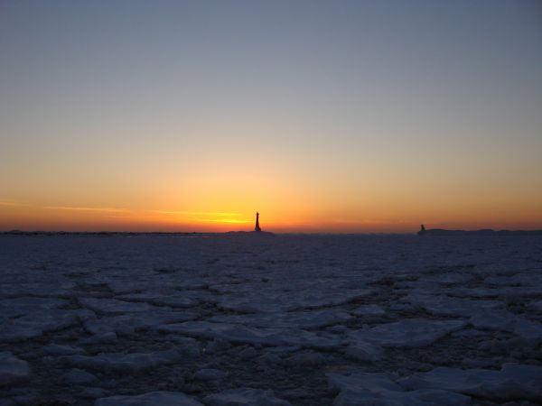 sunset, sea, sky, landscape, water, snow