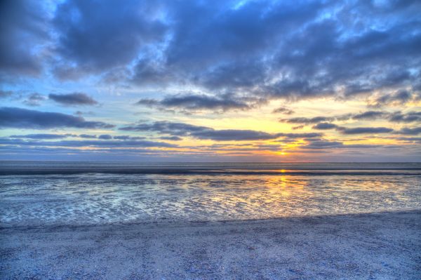 luz solar, panorama, Pôr do sol, mar, costa, areia