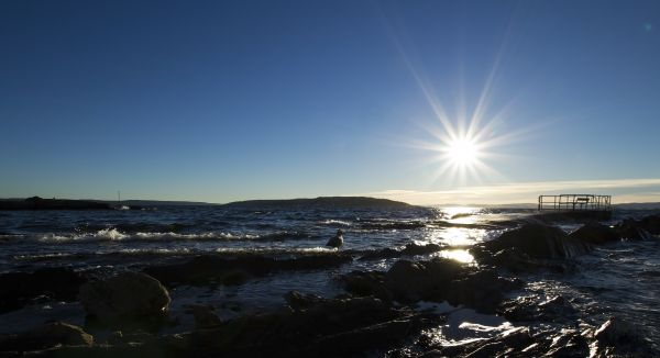 luz de sol, puesta de sol, mar, agua, otoño, rock