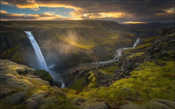 panorama, cascata, Pôr do sol, lago, agua, Rocha