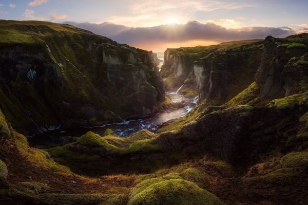 panorama, cascata, Pôr do sol, mar, Colina, agua