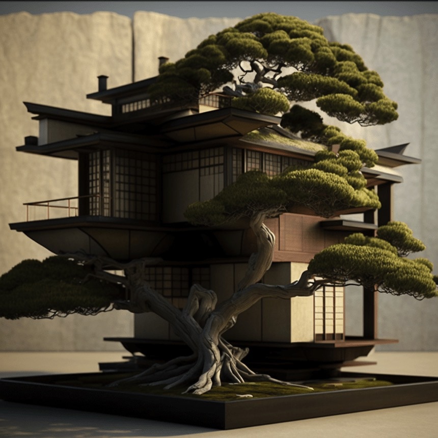 Frank Loyd Wright and Bonsai, generated by AI