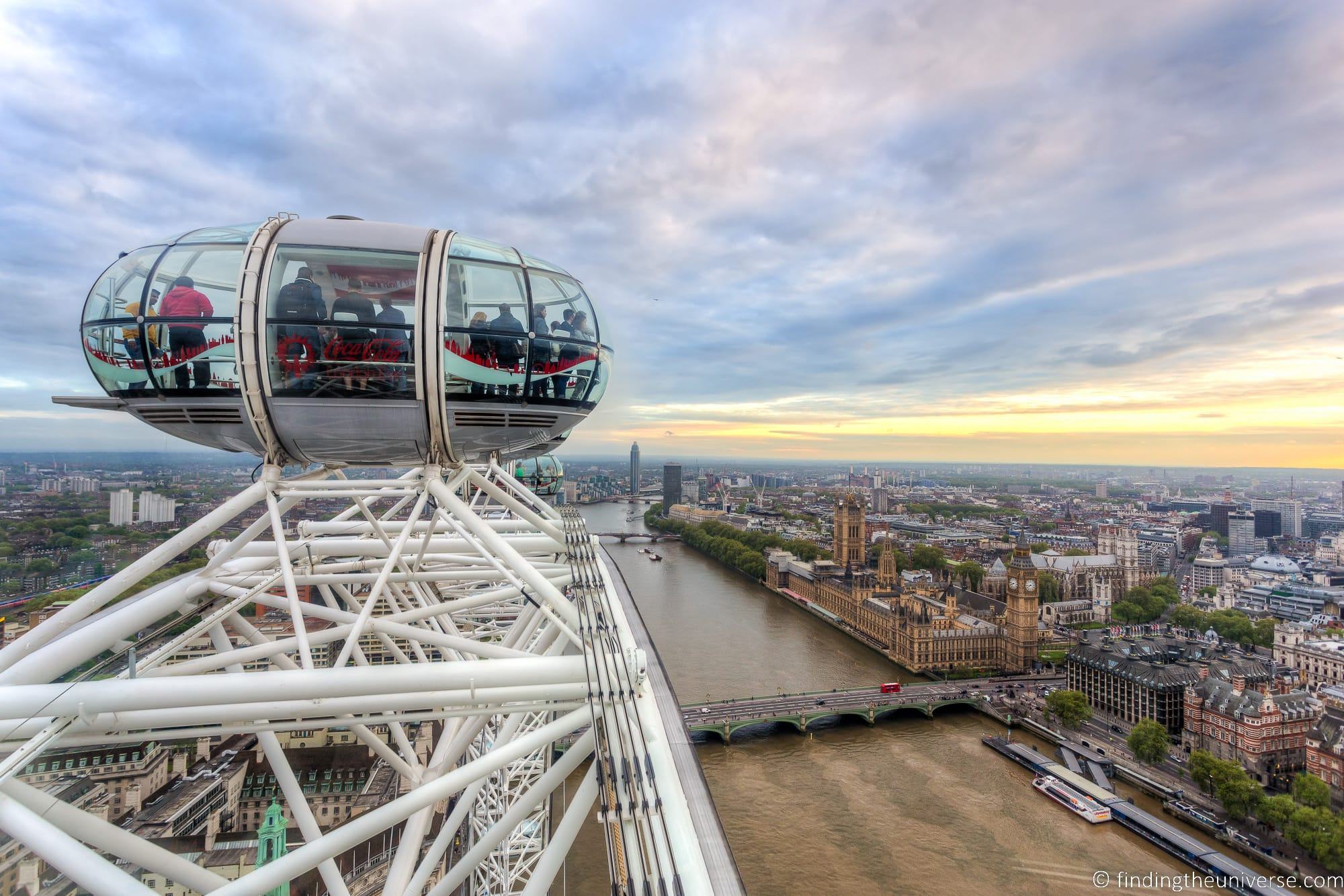 London eye at sunset with Houses of Parliament