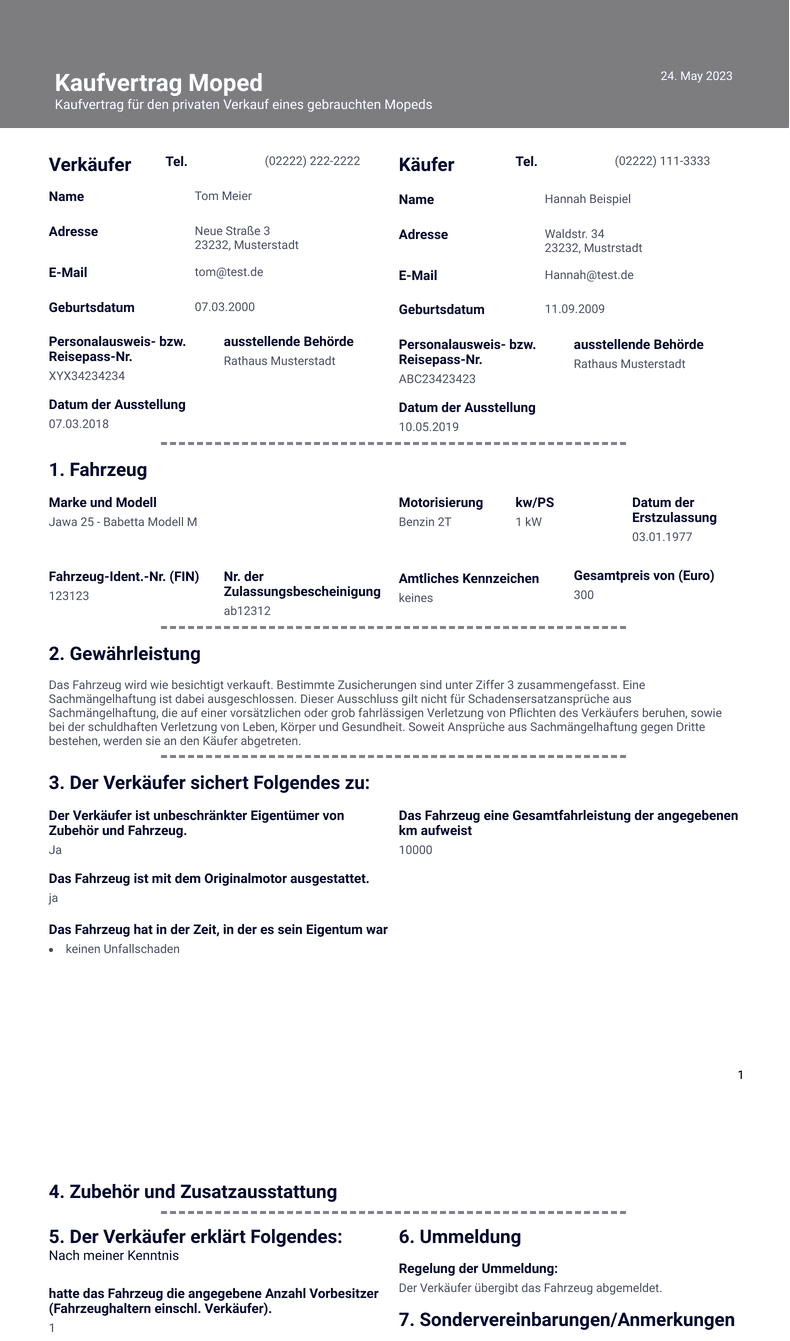 Kaufvertrag Moped - PDF-Vorlagen | Jotform