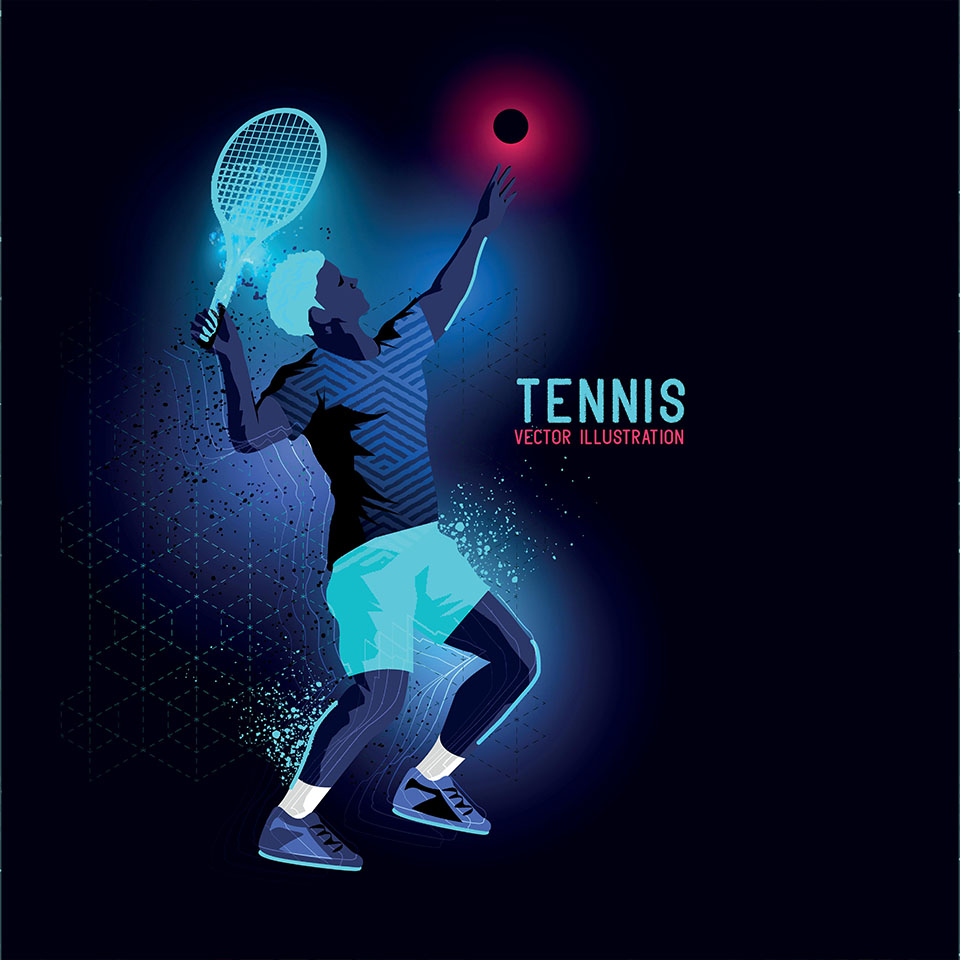 Neon leuchtende hinterleuchtete Silhouette eines professionellen Tennisspielers, der kurz davor ist, aufzuschlagen - Vektorillustration.