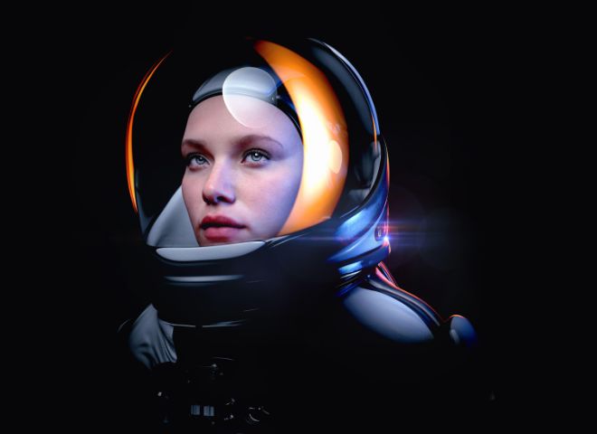 female astronaut with glass helmet and dramatic lighting- 3d rendering - Image ID: 2CCBAGN (RF)