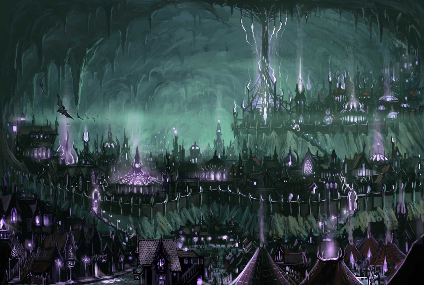 158815 télécharger le fond d'écran chauve souris, science fiction, ville, caverne, paysage urbain, fantaisie, magique, stalagtites, clandestinement - économiseurs d'écran et images gratuitement