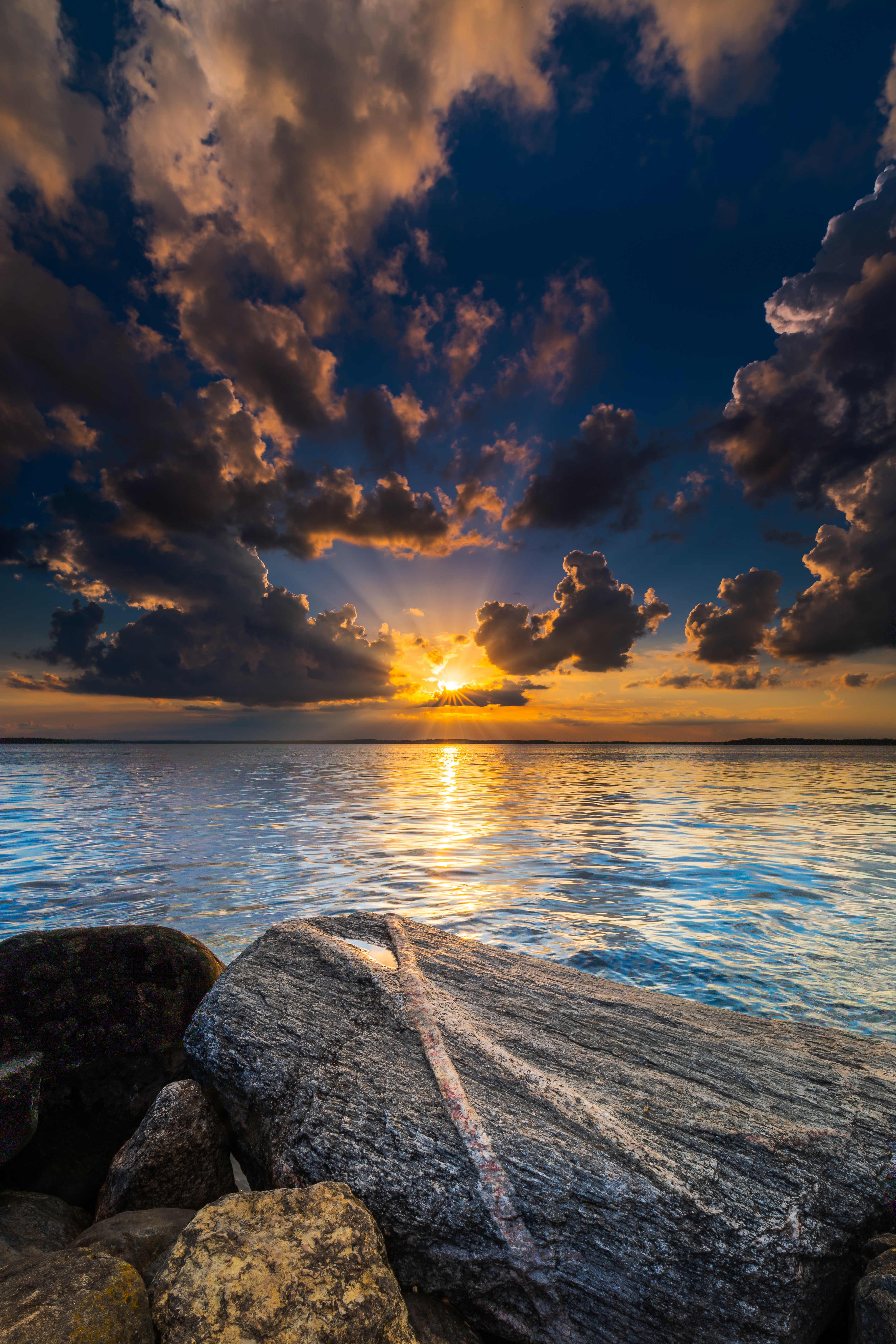 landscape, beams, nature, sun, dawn, lake, rays