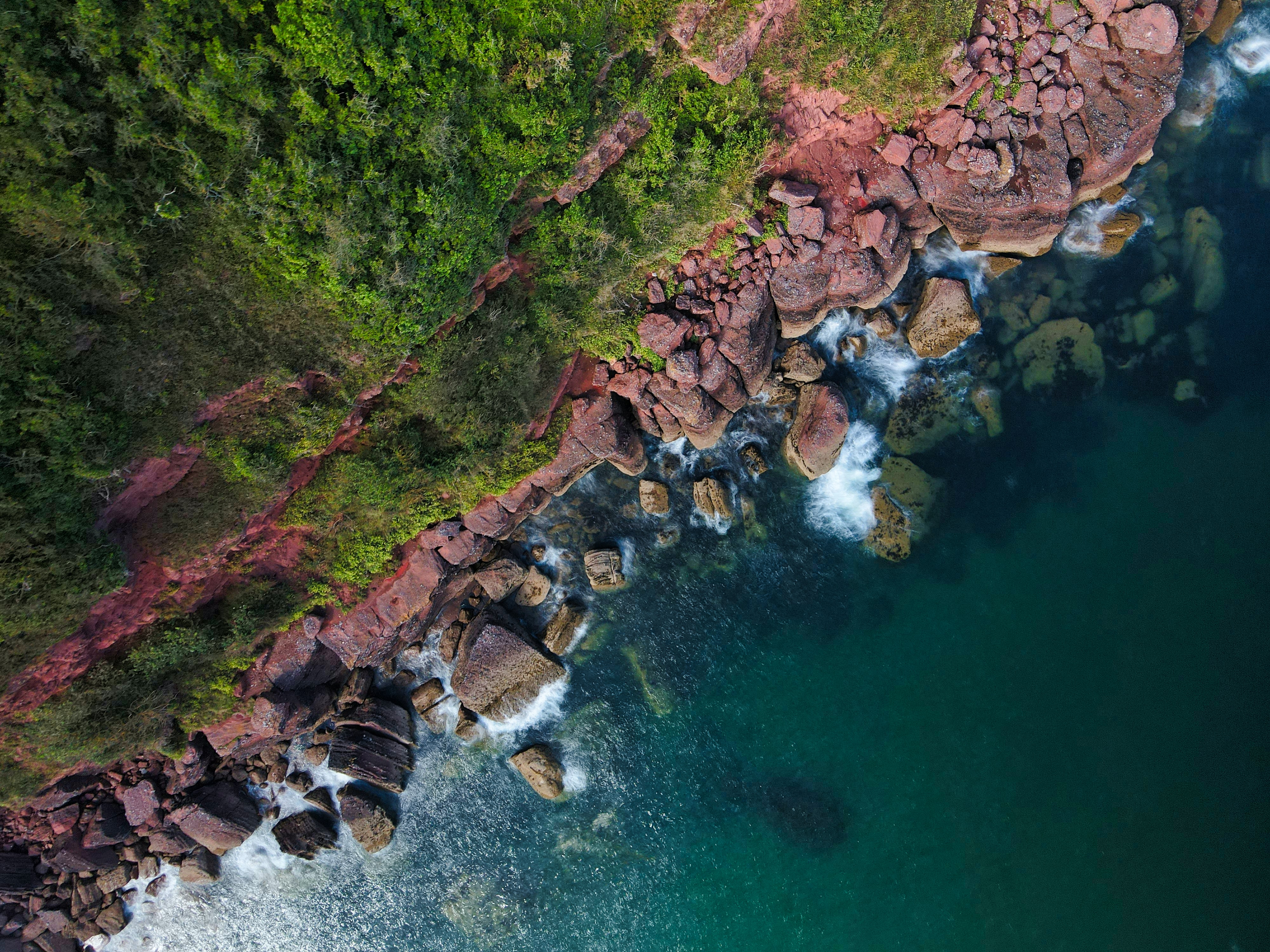 rocks, sea, view from above, nature, stones, coast 8K