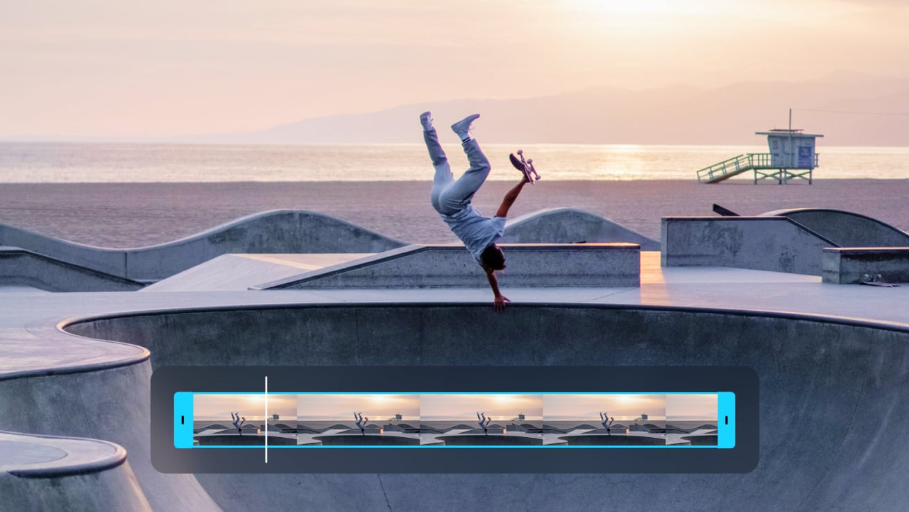 Image of a skateboarder doing tricks at Venice Beach with Vimeo timeline controls on top of it