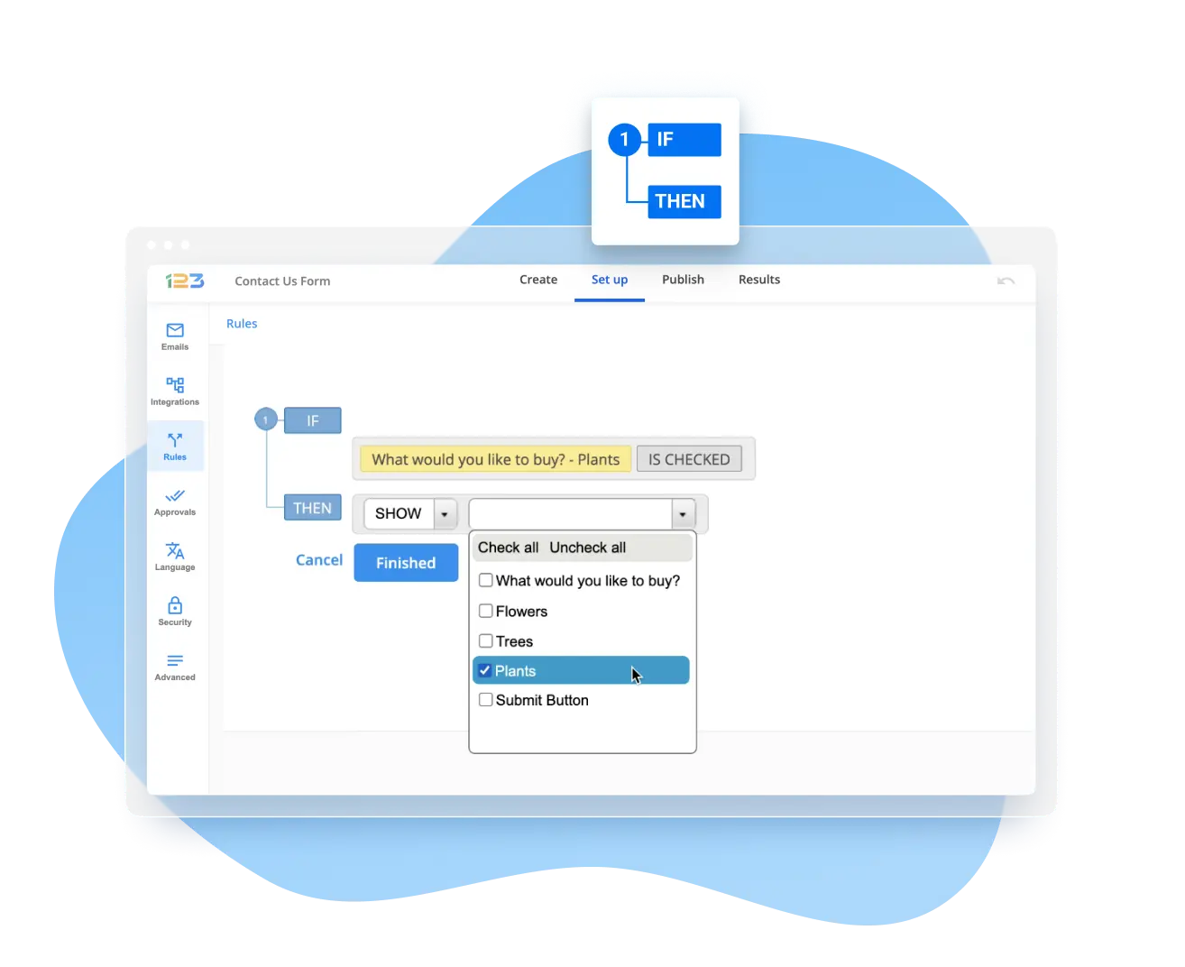 Image showing 123FormBuilder conditional logic settings