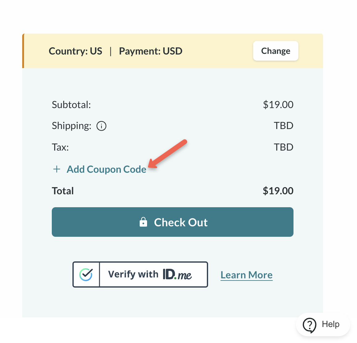 Screenshot of coupon code option in cart