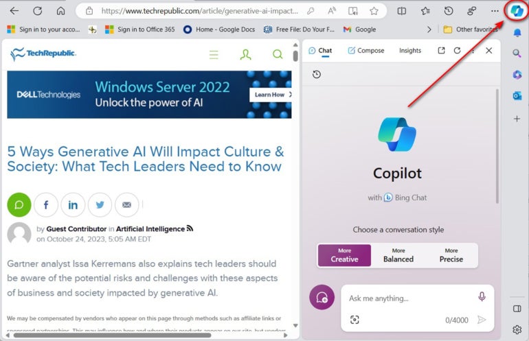 Greifen Sie über Microsoft Edge auf Copilot in Bing zu.