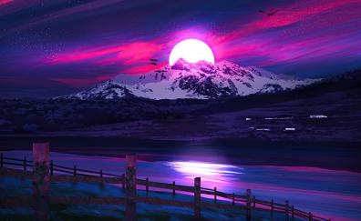 lake, woonden fence, mountains, landscape, sunset, neon art