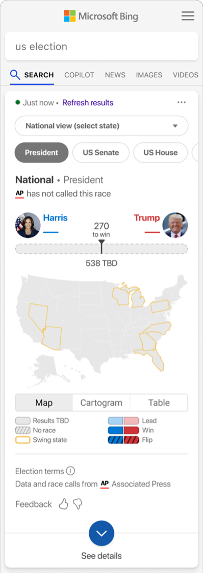 mobile experience of bing results for electoral college votes int he us presidential election