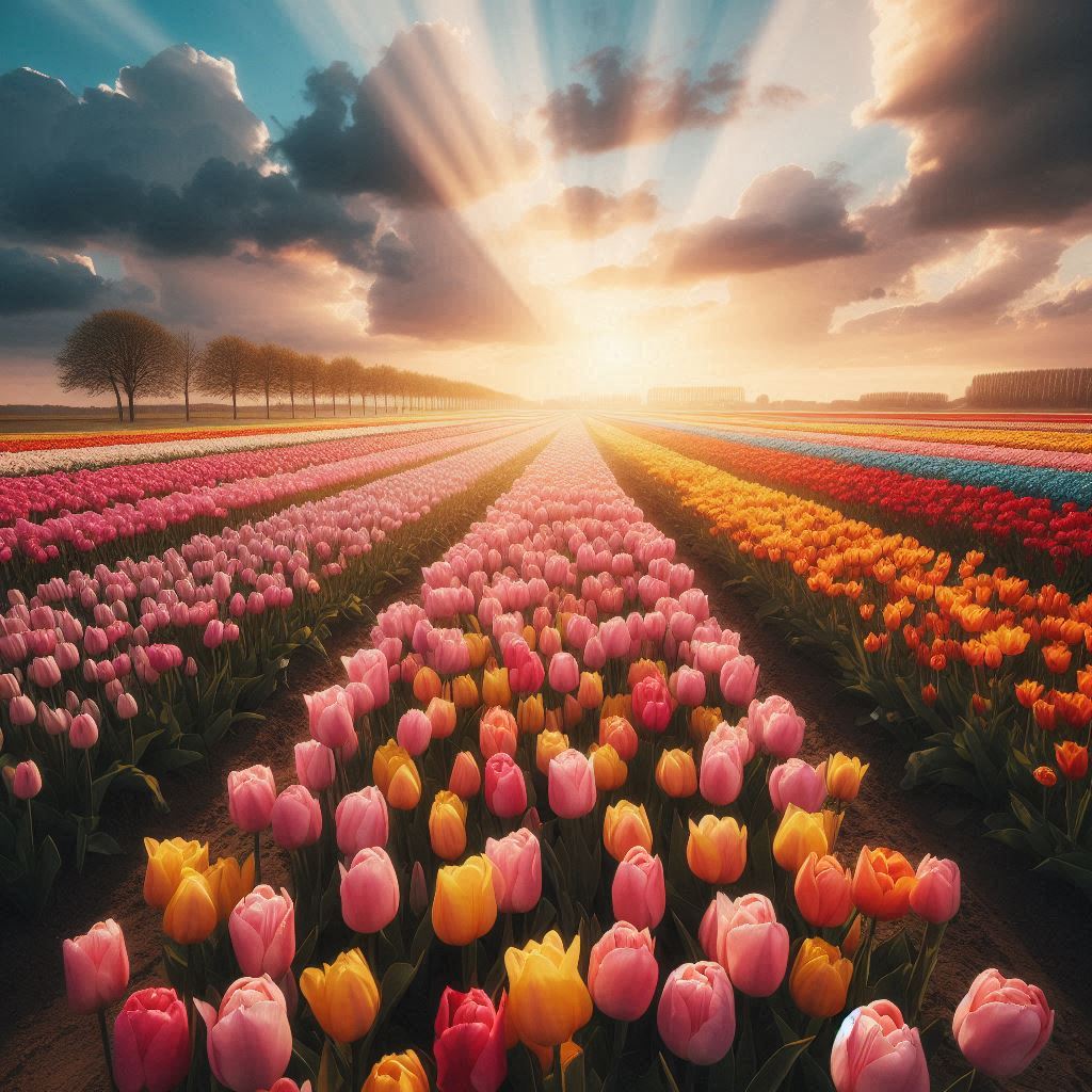 A field of tulips in different colors under a blue sky