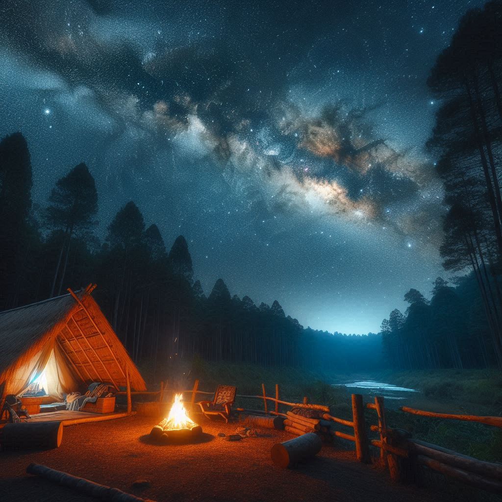 A cozy campsite under a star-studded sky in the wilderness, with the Milky Way clearly visible