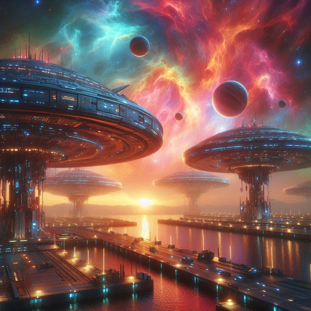 Spaceport docks where starships are fueled by the colorful gases of a nebula