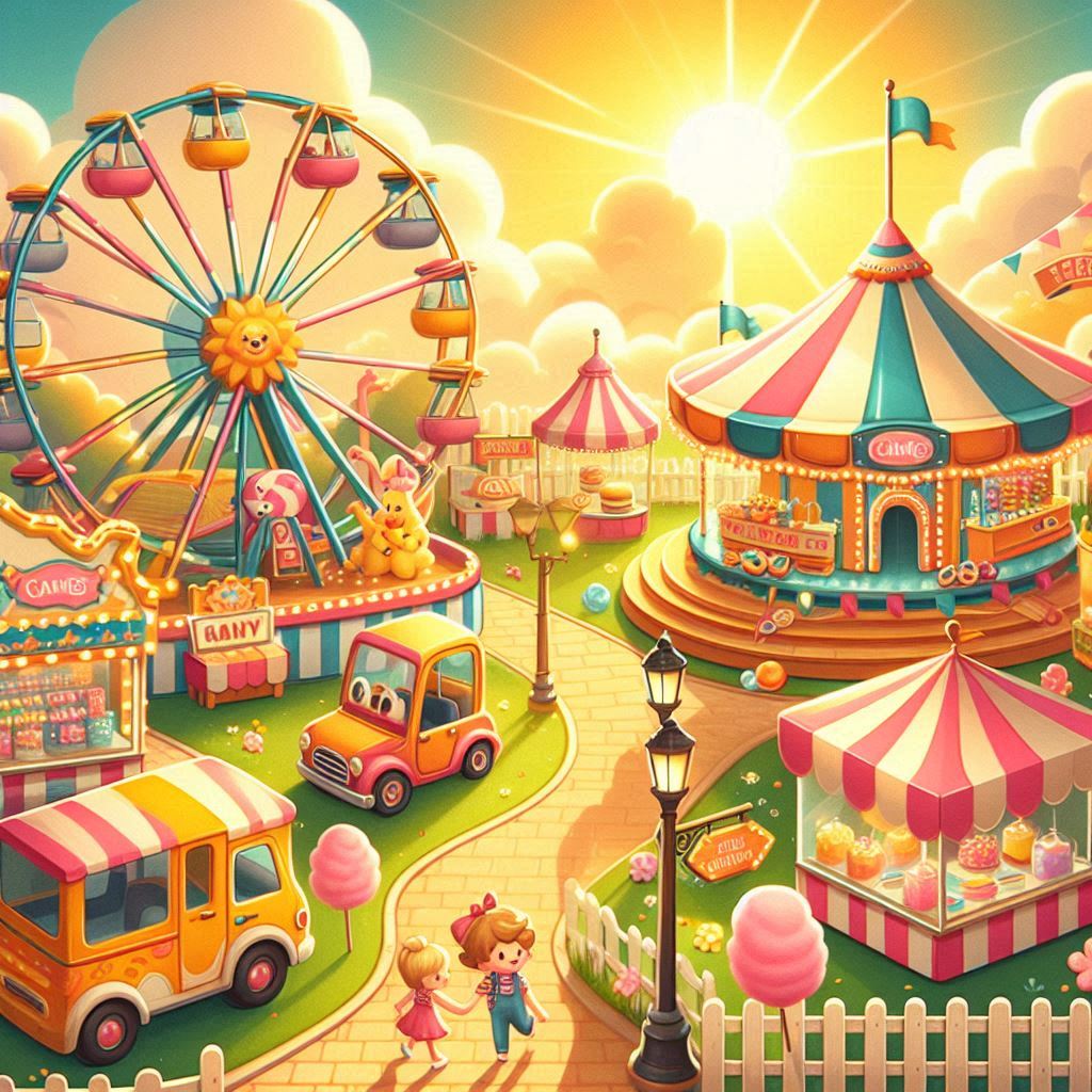 A bright and cheerful spring carnival with rides, games, and cotton candy stands under a sunny sky