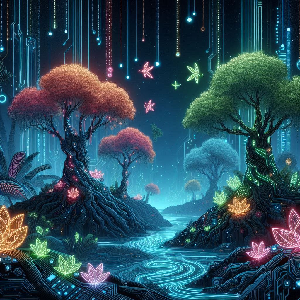 A neon-lit jungle with glowing flora and fauna, where the trees are circuit boards and the rivers flow with liquid light