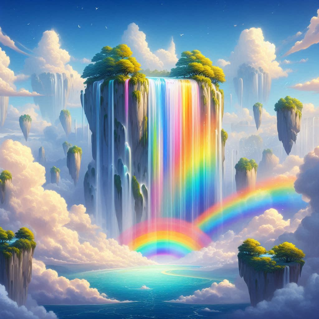 A cascading waterfall that flows in all colors of the rainbow, surrounded by clouds and floating islands