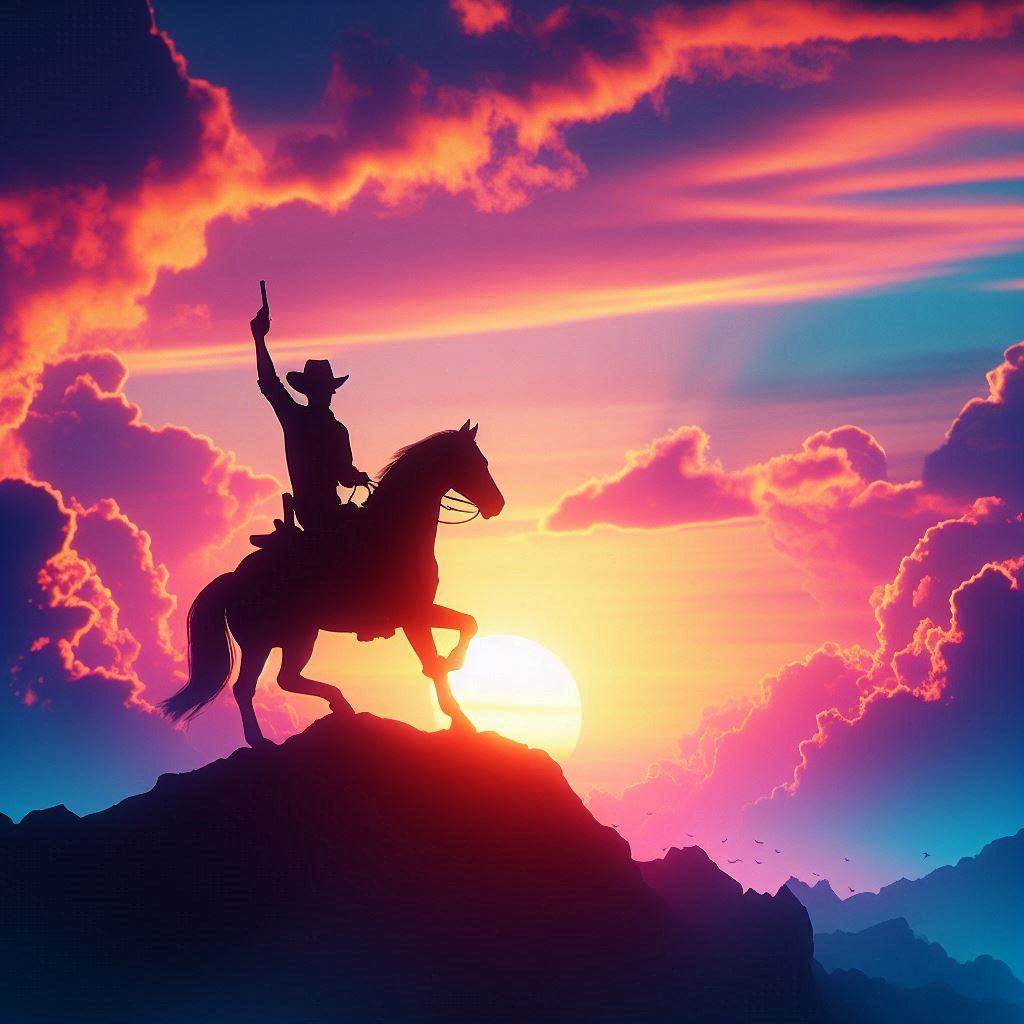 silhouette of a cowboy riding into the sunset, c4d, dreamy and optimistic, vibrant sky