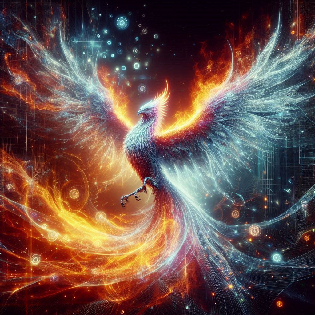 A majestic phoenix reborn from digital ashes in a blaze of holographic flames