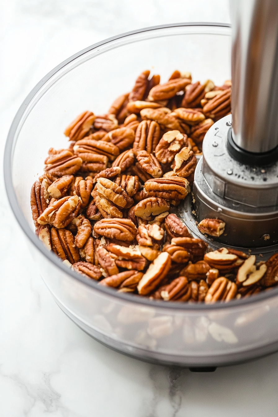 Pecans being pulsed in a food processor on the white marble cooktop, showing the coarse chopped texture for the filling.