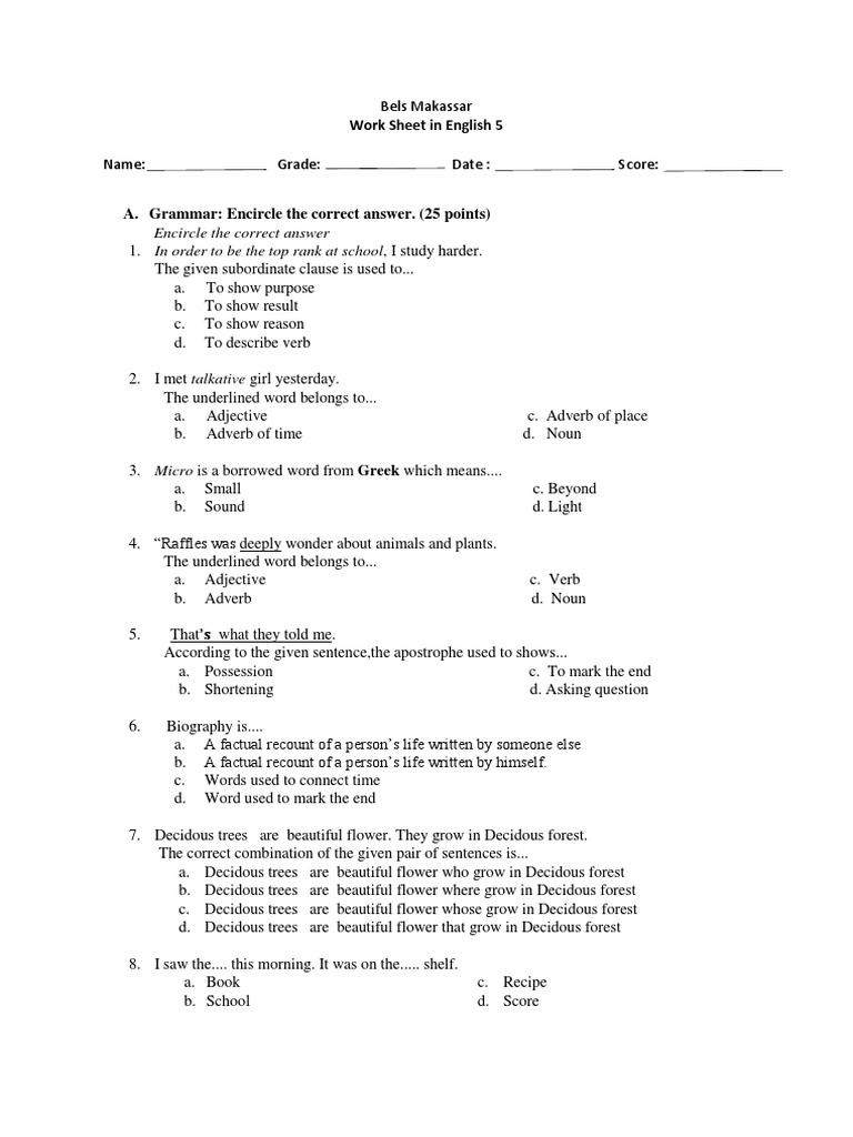 Work Sheet in English 5: Encircle The Correct Answer | PDF | Adjective ...