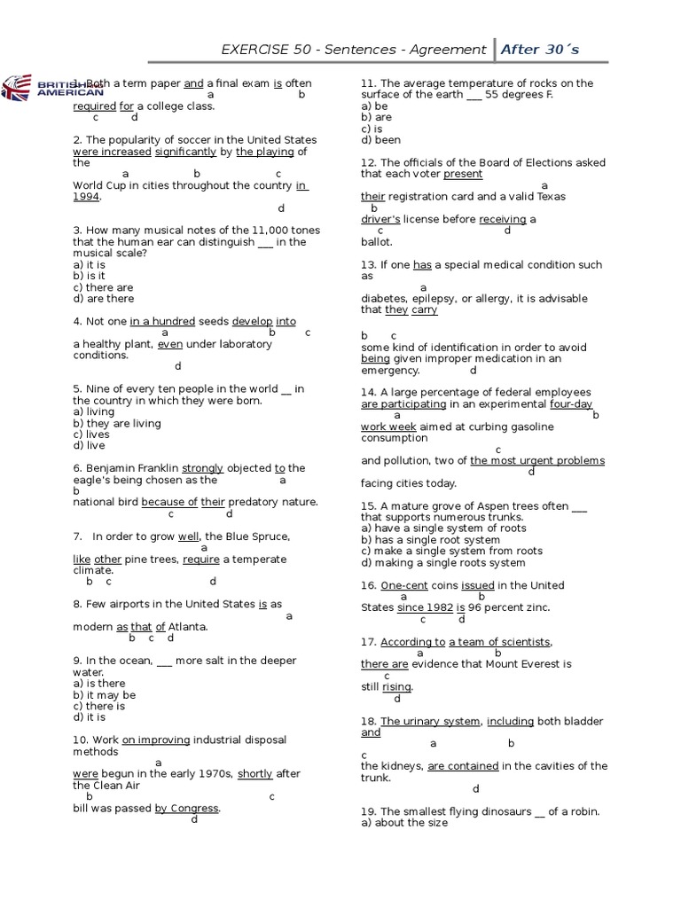 EXERCISE 50 - Sentences - Agreement | PDF | Natural Environment | Nature