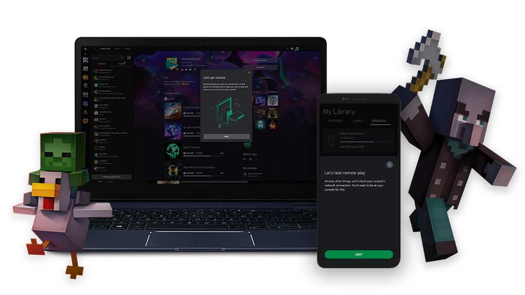 Ein Windows-PC und ein mobiles Gerät stellen den Einrichtungsbildschirm für Remote Play über die Xbox App dar. Auf beiden Seiten des Geräts stehen Minecraft-Figuren.