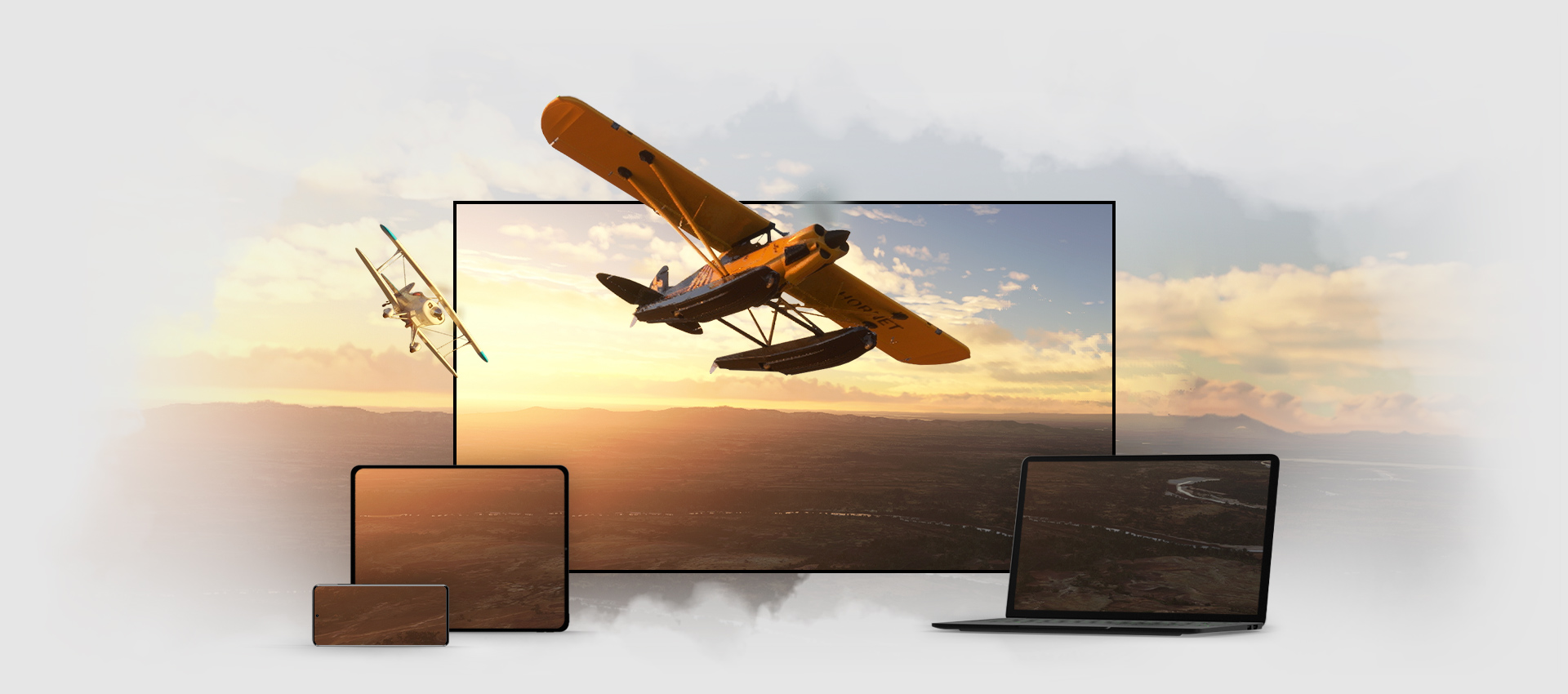 Das Gameplay des Microsoft Flight Simulator wird auf mehreren Gerätebildschirmen angezeigt, darunter Laptop, Fernseher, Telefon und Tablet.