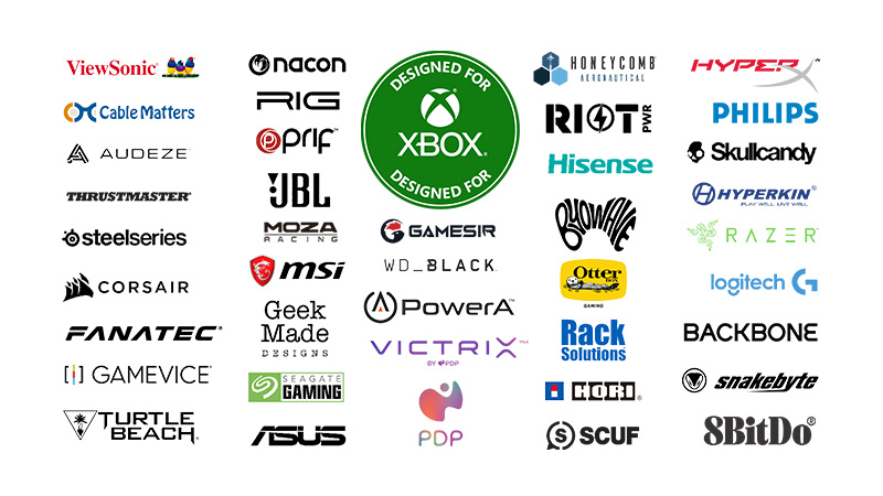 Numerous logos of companies that Xbox has partnered with to create accessories.