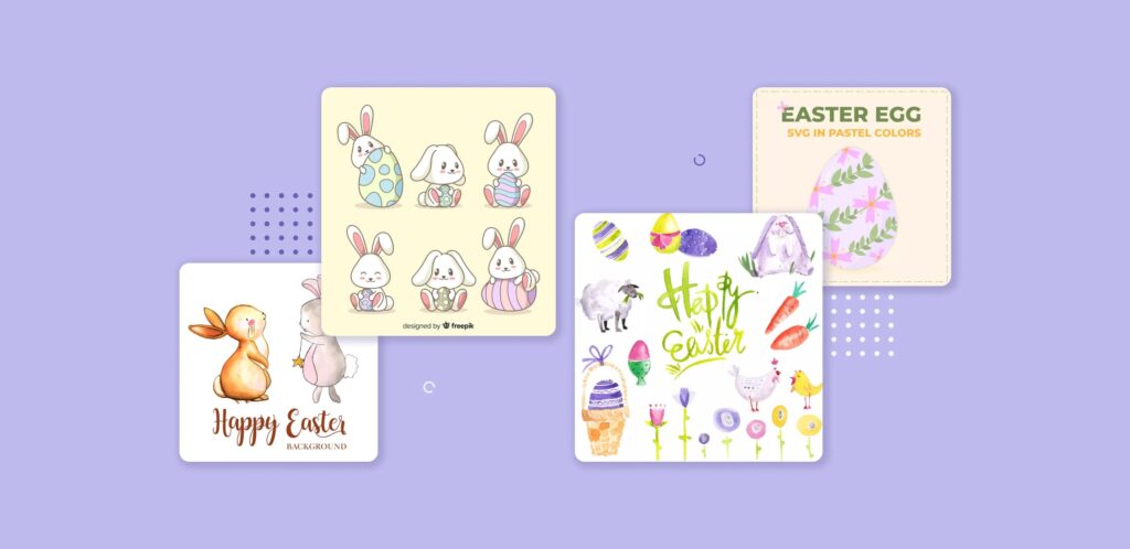 Set of four easter cards on a purple background.