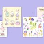 Set of four easter cards on a purple background.