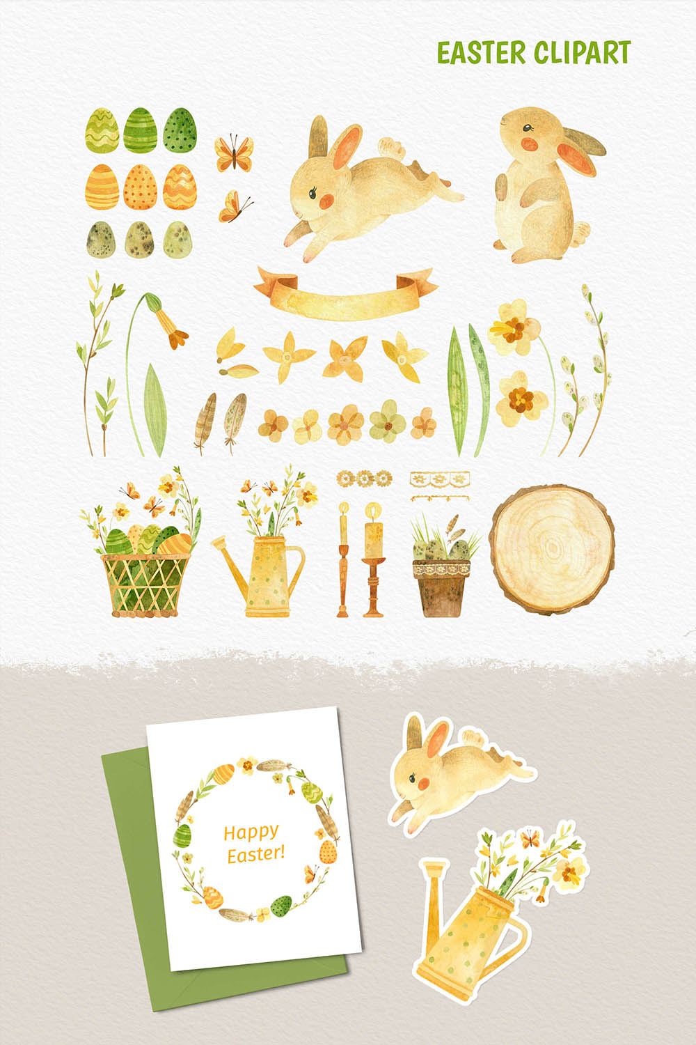 Collage with cute baby bunnies, Easter eggs and spring flowers.