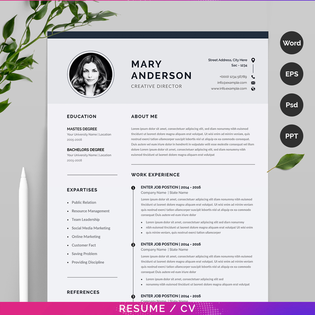 Professional resume template with a colorful background.