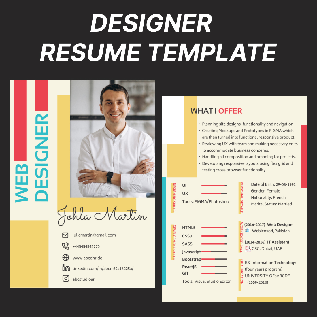 Professional resume template for a graphic designer.