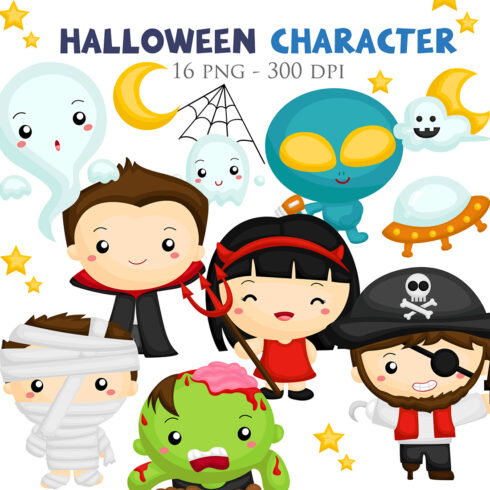 Cute and Funny Kids Wearing Halloween Character Costume Party Ghost Vampire Mummy Zombie Pirate Devil Alien Cartoon Illustration Vector Clipart Sticker Decoration Background cover image.