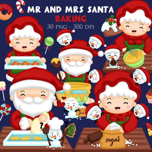 Happy Holiday Christmas Season Santa Claus Snowman Character Baking Cooking with Family Christmas Costume Gingerbread Cookies Candy Cake Cartoon Illustration Vector Clipart Sticker Decoration Background Accessories Ornaments cover image.