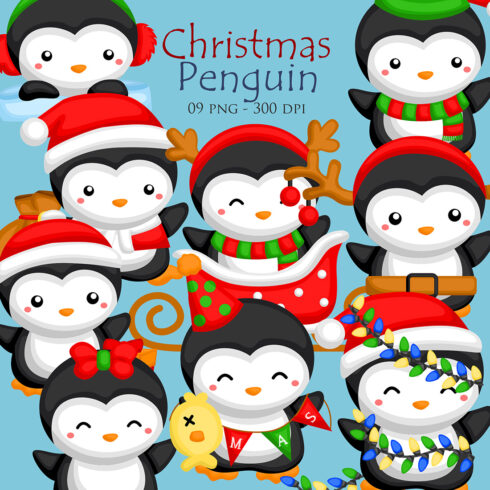 Cute Christmas Penguin Animal Winter Holiday Season Party Cartoon Illustration Vector Clipart Sticker Decoration Background Accessories cover image.