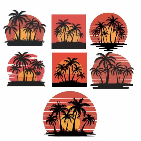 7 Pes Tropical Palm Trees Against Sunset Horizon palm tree icons Design Bundle cover image.