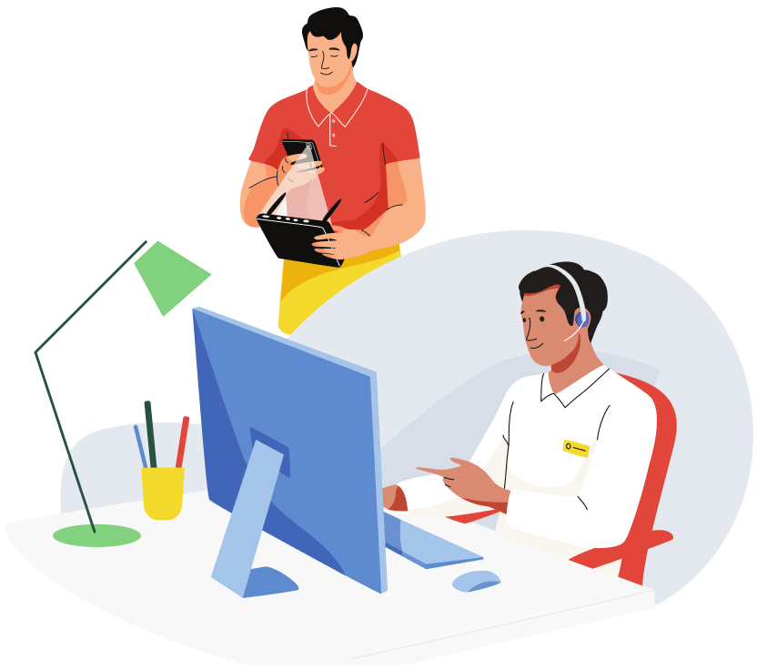 Illustration depicting blind user making a video call with the Be My Eyes app. On the left side, the customer support agent receives the call on his desktop computer.