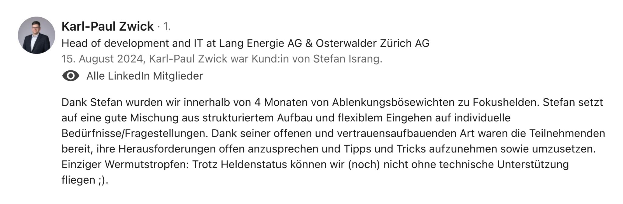 LinkedIn Empfehlung für Stefan Israng von Fokushelden