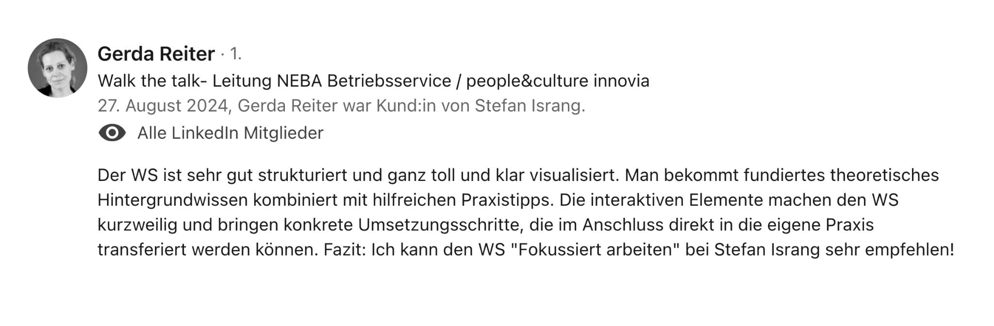 LinkedIn Empfehlung für Stefan Israng von Fokushelden