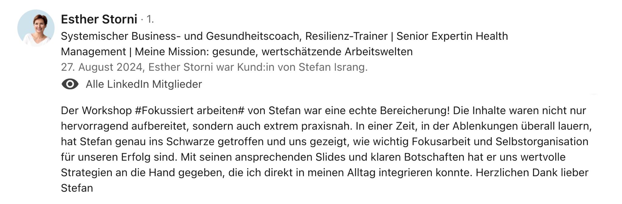 LinkedIn Empfehlung für Stefan Israng von Fokushelden