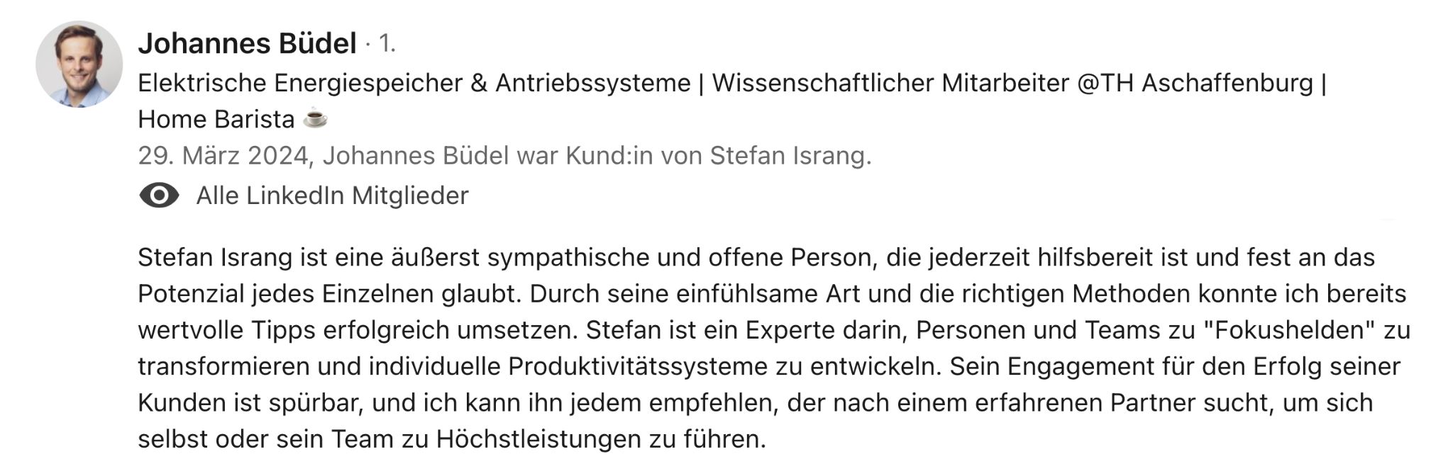 LinkedIn Empfehlung für Stefan Israng von Fokushelden