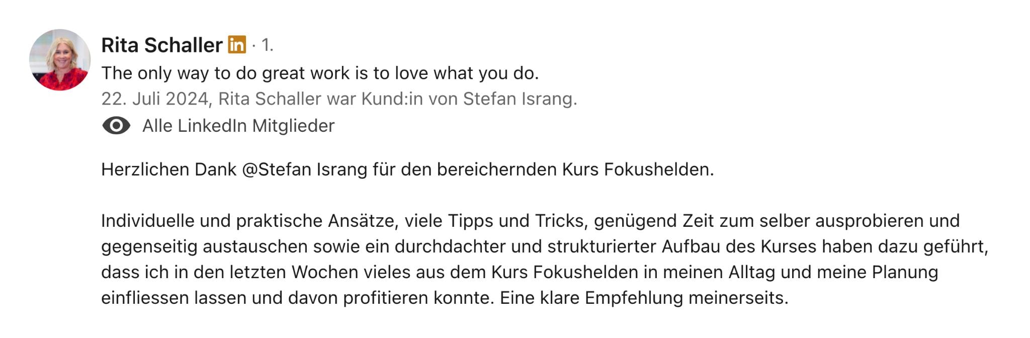 LinkedIn Empfehlung für Stefan Israng von Fokushelden